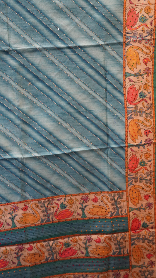 Semi Tussar Saree With French Knot & Kantha Work - Blue