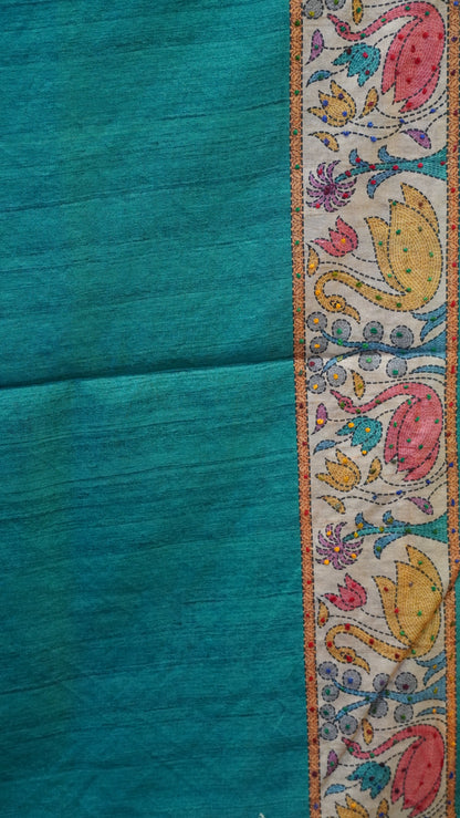 Semi Tussar Saree With French Knot & Kantha Work - Blue