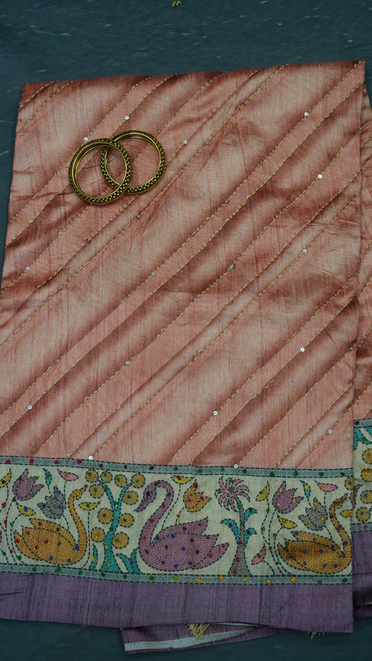 Semi Tussar Saree With French Knot & Kantha Work - Peach