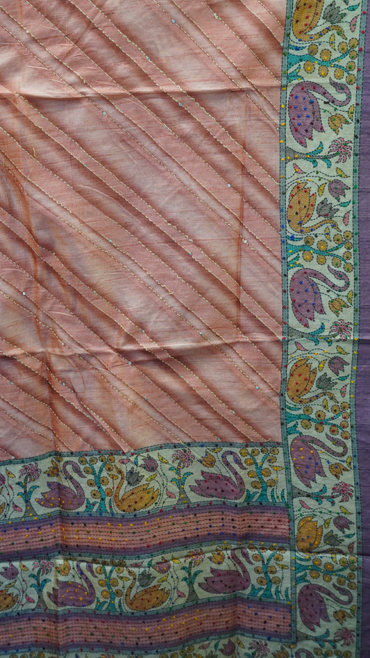 Semi Tussar Saree With French Knot & Kantha Work - Peach
