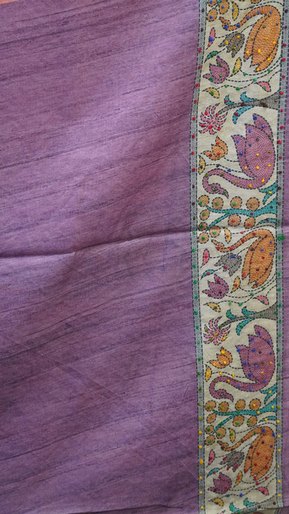 Semi Tussar Saree With French Knot & Kantha Work - Peach