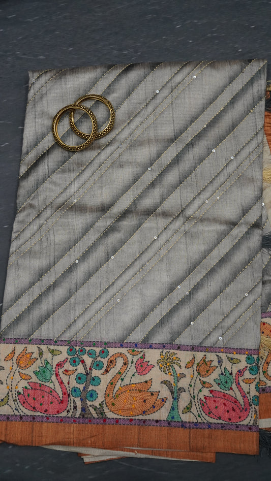 Semi Tussar Saree With French Knot & Kantha Work - Grey