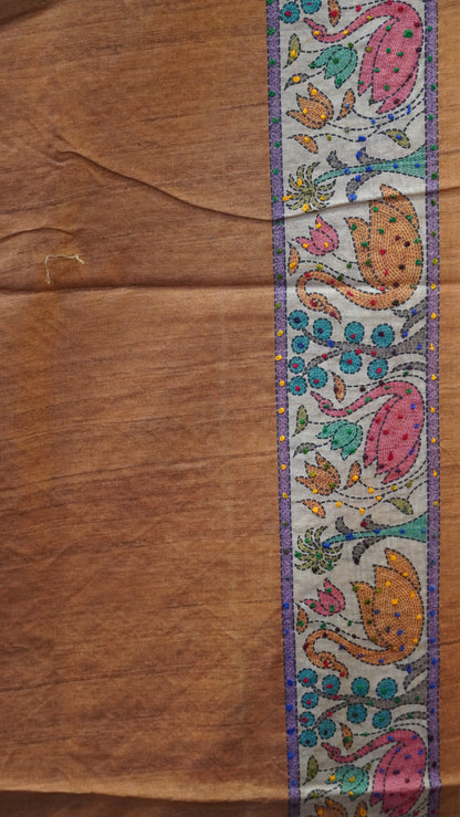 Semi Tussar Saree With French Knot & Kantha Work - Grey