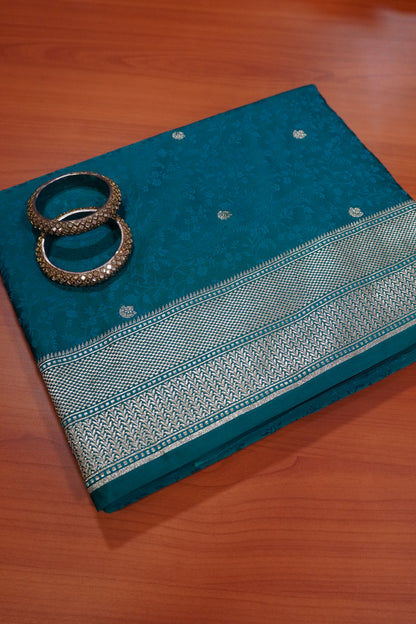 Banarasi Crepe Saree - Heavy Floral Peacock Green