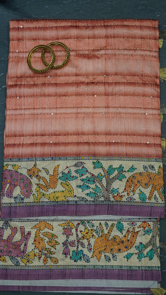 Semi Tussar Saree With French Knot & Kantha Work - Peach