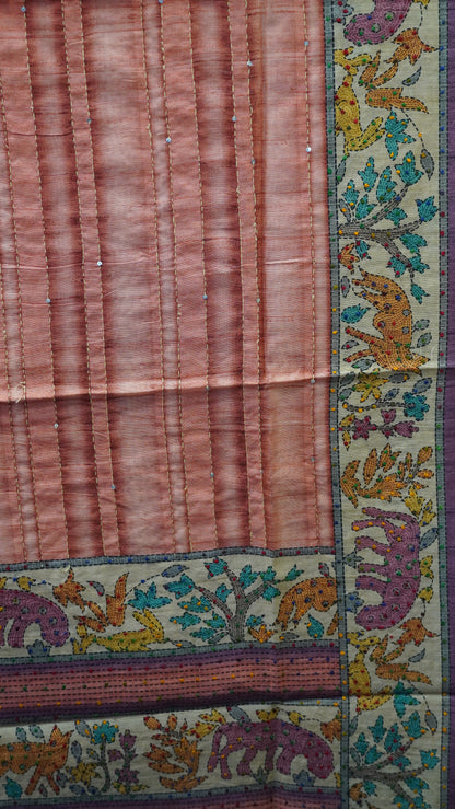 Semi Tussar Saree With French Knot & Kantha Work - Peach