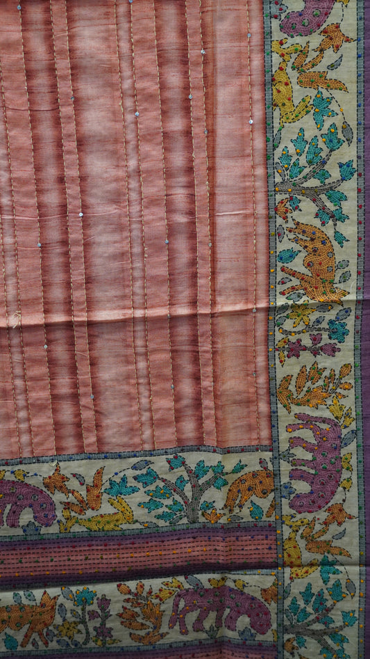 Semi Tussar Saree With French Knot & Kantha Work - Peach