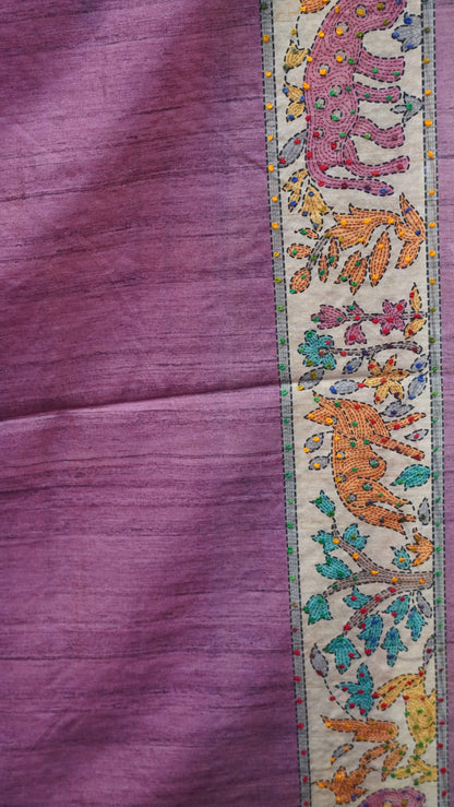 Semi Tussar Saree With French Knot & Kantha Work - Peach