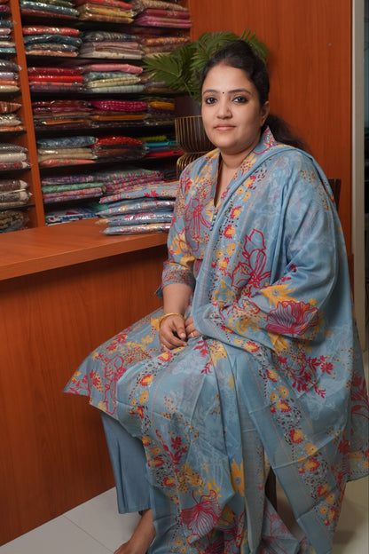 3 Pc Kurti Set - Greyish Blue