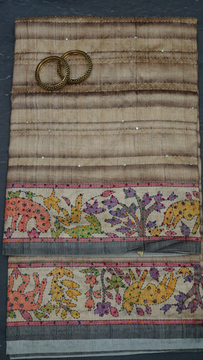 Semi Tussar Saree With French Knot & Kantha Work - Beige
