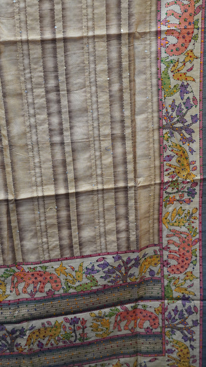 Semi Tussar Saree With French Knot & Kantha Work - Beige