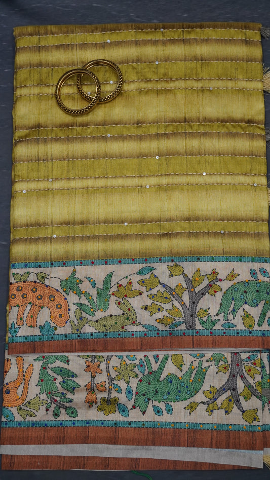 Semi Tussar Saree With French Knot & Kantha Work - Green