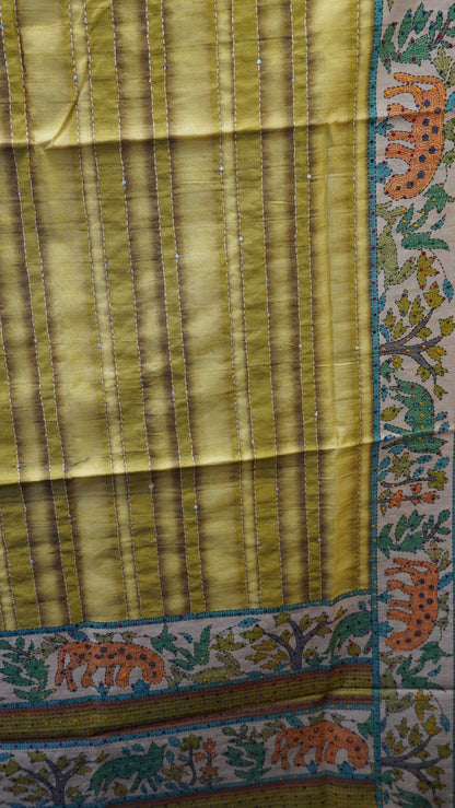 Semi Tussar Saree With French Knot & Kantha Work - Green