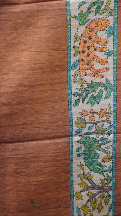 Semi Tussar Saree With French Knot & Kantha Work - Green