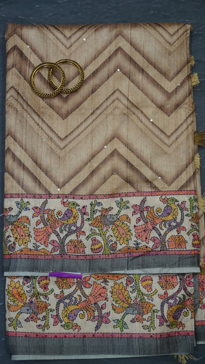 Semi Tussar Saree With French Knot & Kantha Work - Beige