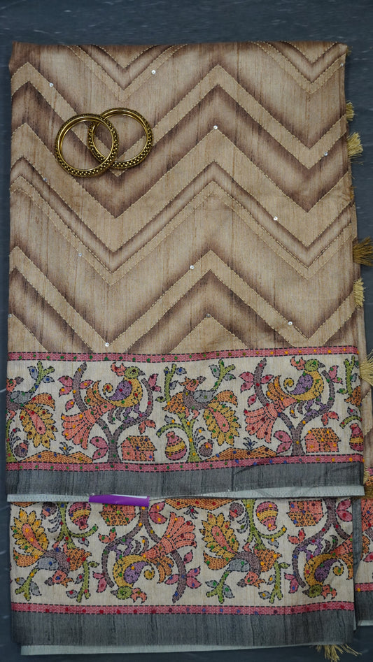Semi Tussar Saree With French Knot & Kantha Work - Beige