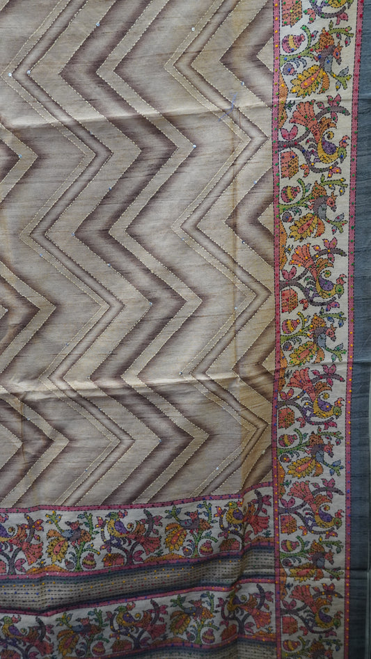 Semi Tussar Saree With French Knot & Kantha Work - Beige