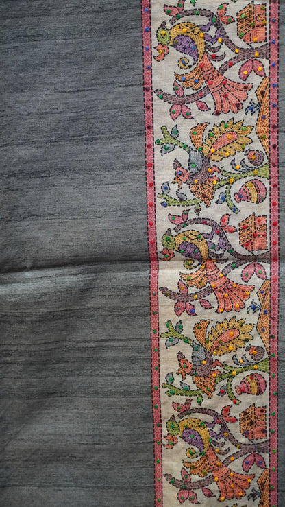Semi Tussar Saree With French Knot & Kantha Work - Beige