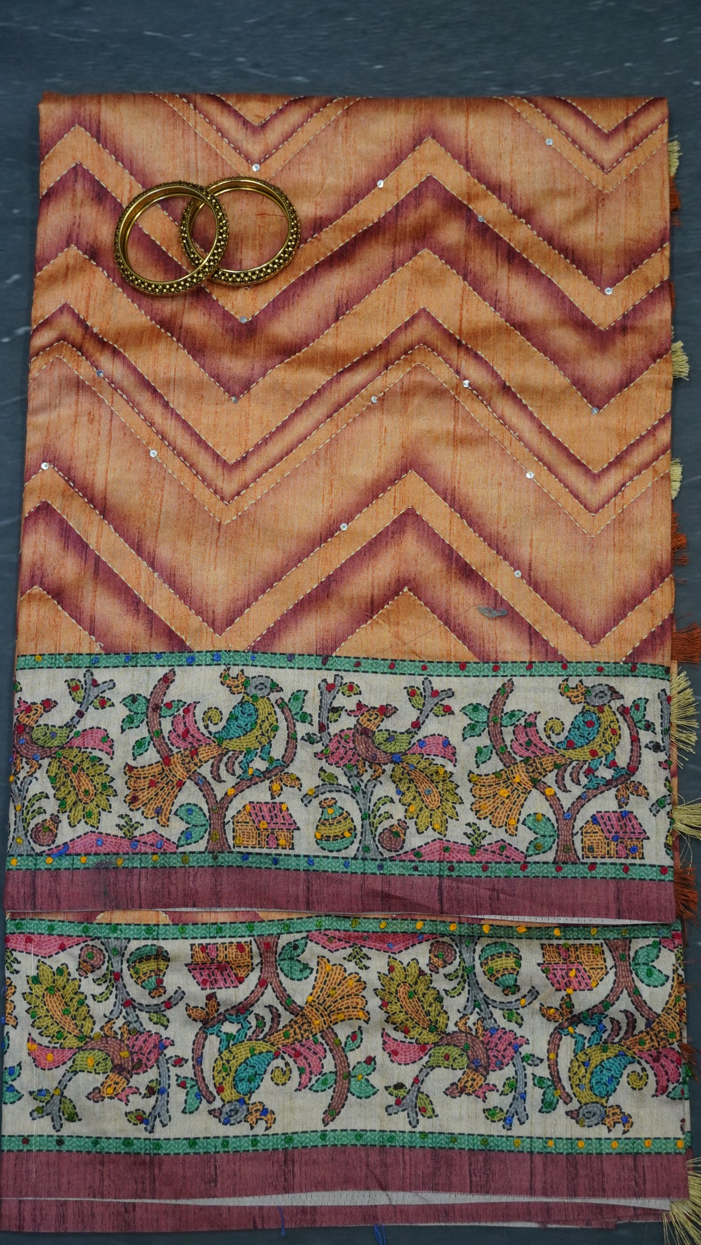 Semi Tussar Saree With French Knot & Kantha Work - Orange