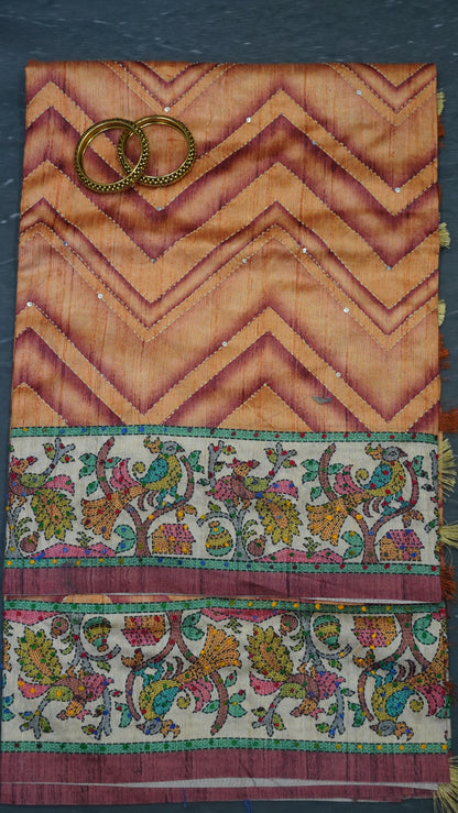 Semi Tussar Saree With French Knot & Kantha Work - Orange