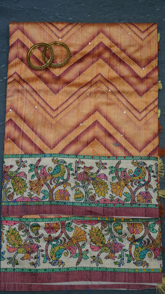 Semi Tussar Saree With French Knot & Kantha Work - Orange