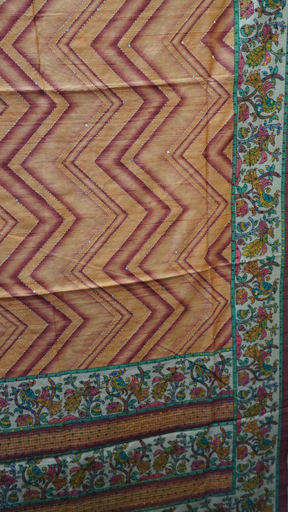 Semi Tussar Saree With French Knot & Kantha Work - Orange