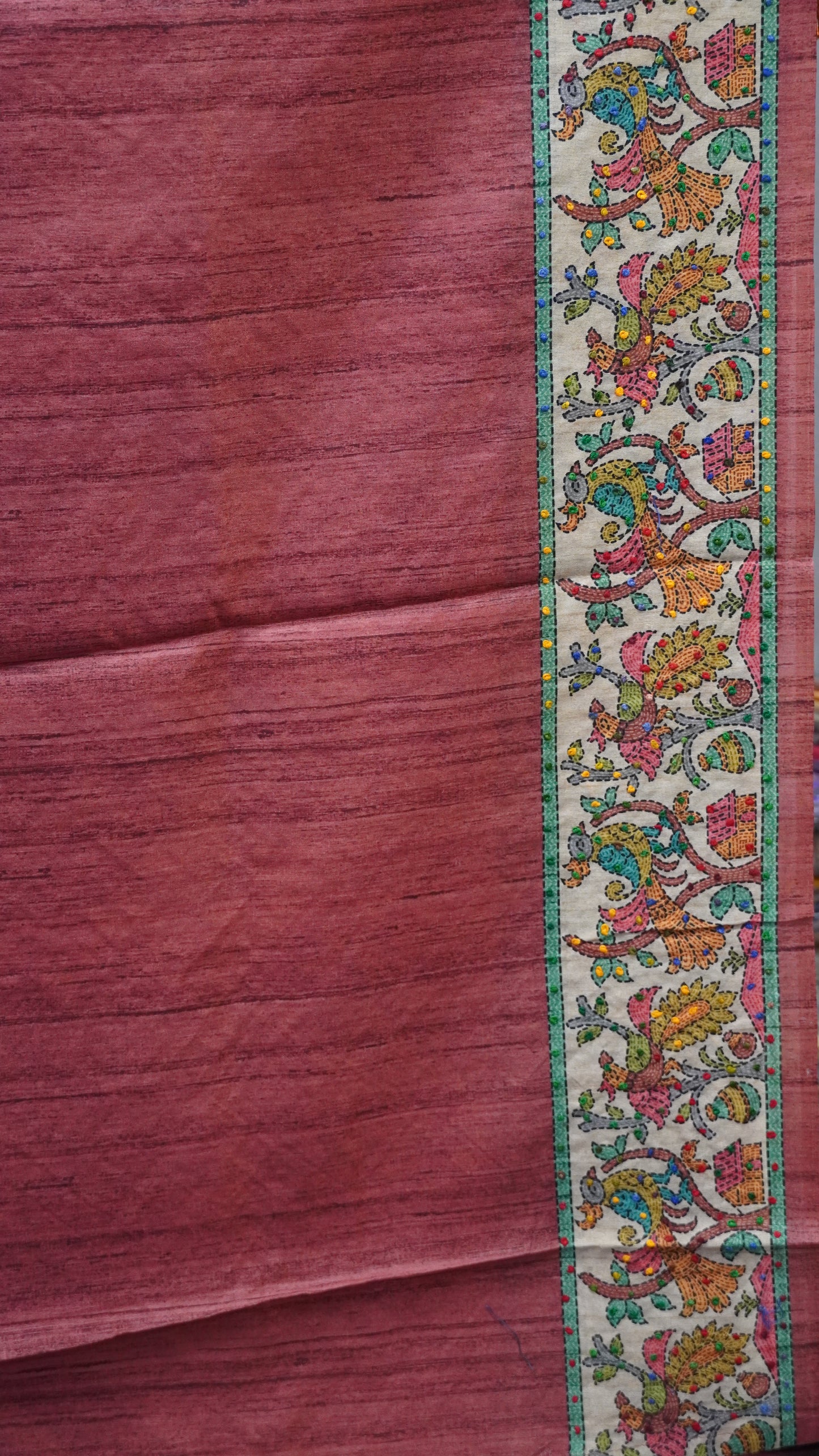 Semi Tussar Saree With French Knot & Kantha Work - Orange