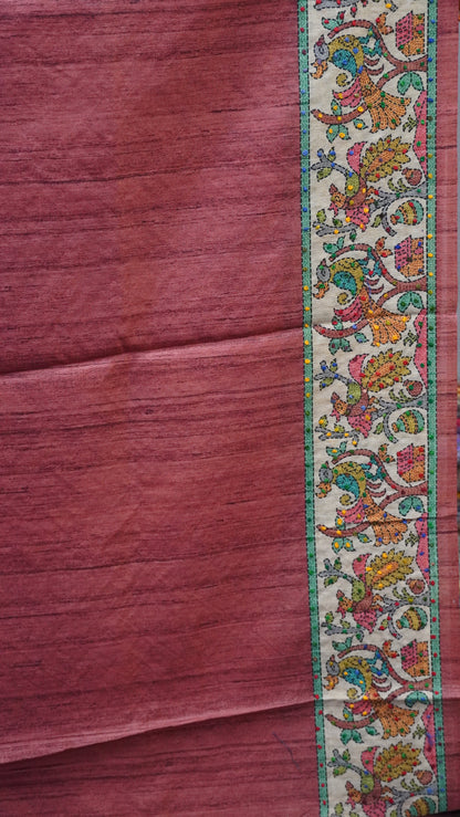 Semi Tussar Saree With French Knot & Kantha Work - Orange