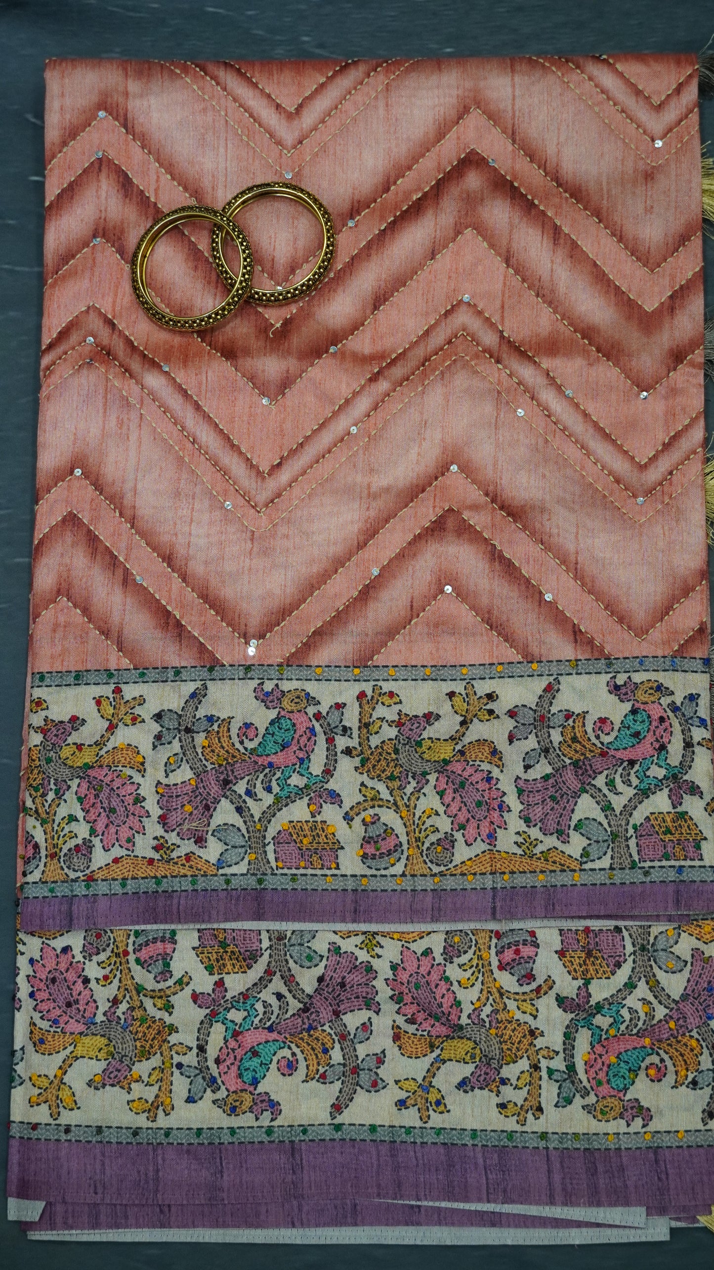 Semi Tussar Saree With French Knot & Kantha Work - Peach
