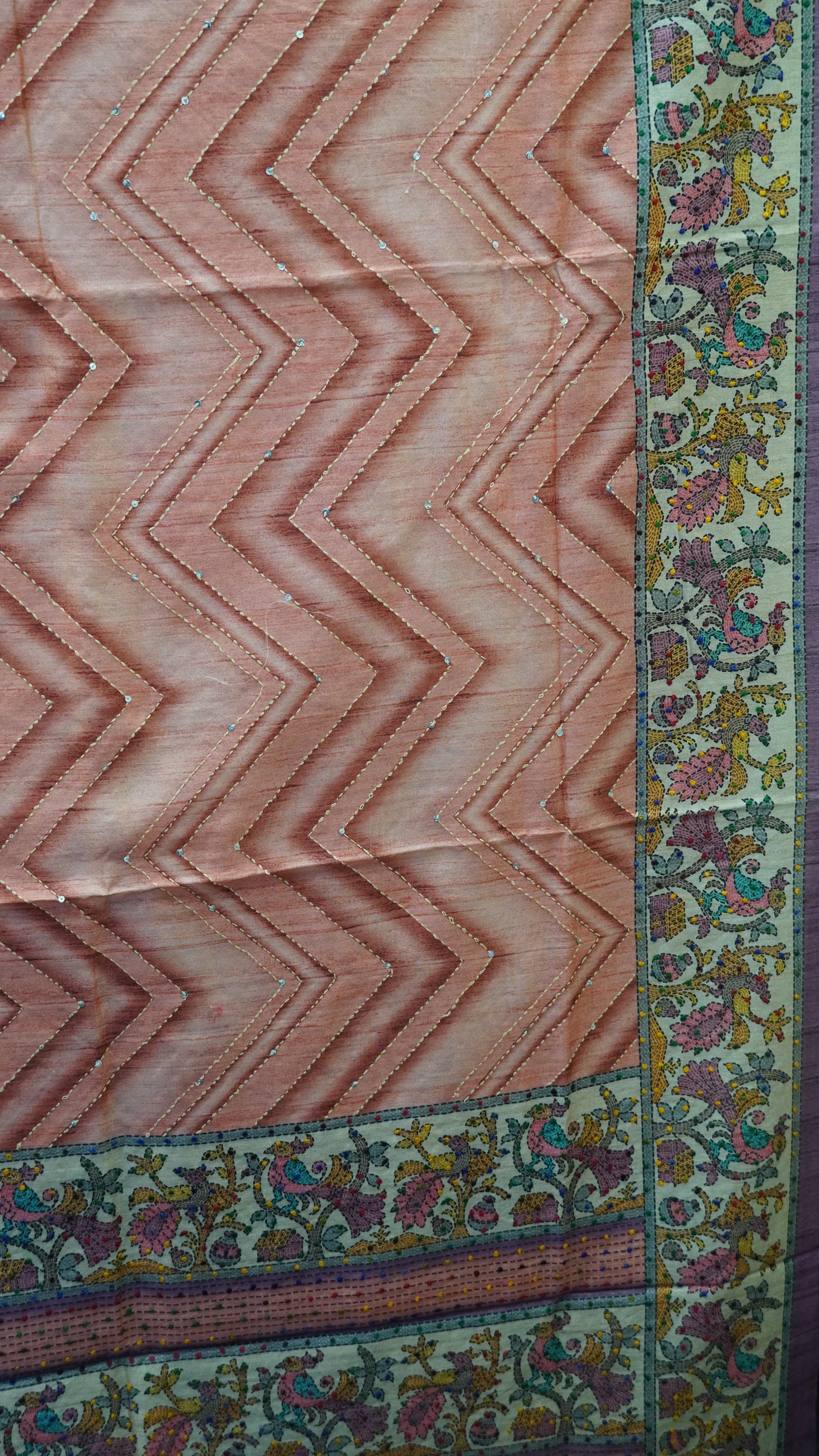 Semi Tussar Saree With French Knot & Kantha Work - Peach