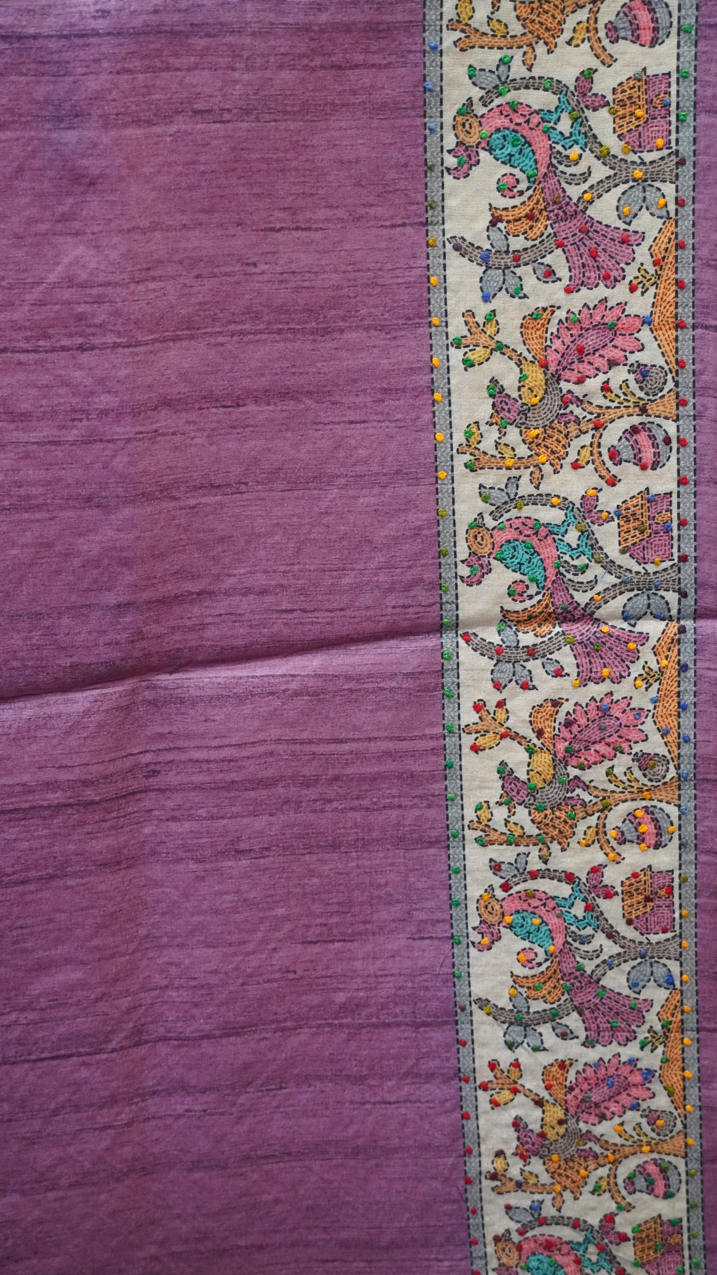 Semi Tussar Saree With French Knot & Kantha Work - Peach