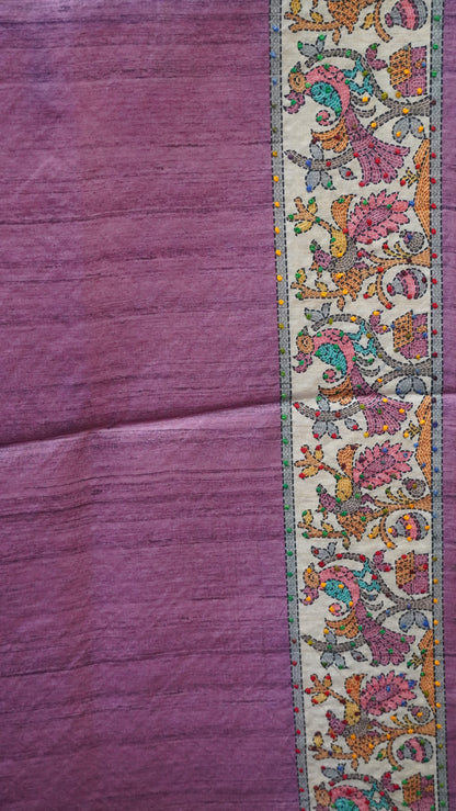 Semi Tussar Saree With French Knot & Kantha Work - Peach