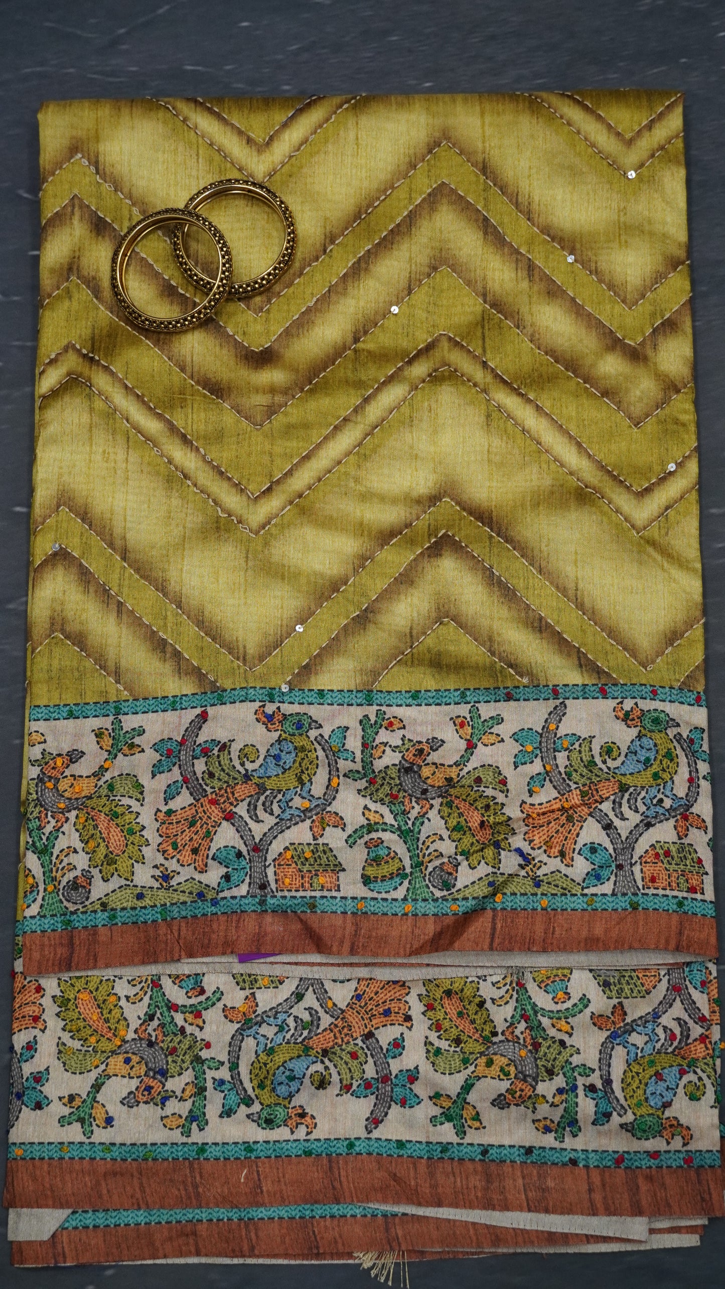 Semi Tussar Saree With French Knot & Kantha Work - Green