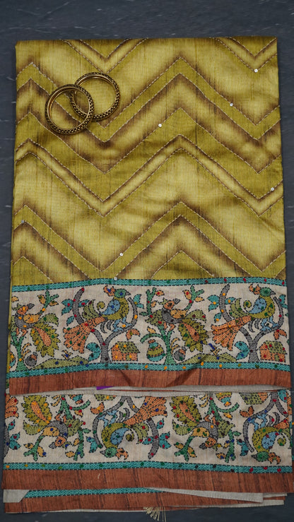 Semi Tussar Saree With French Knot & Kantha Work - Green