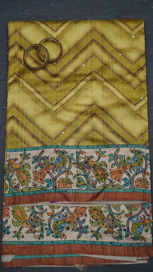 Semi Tussar Saree With French Knot & Kantha Work - Green