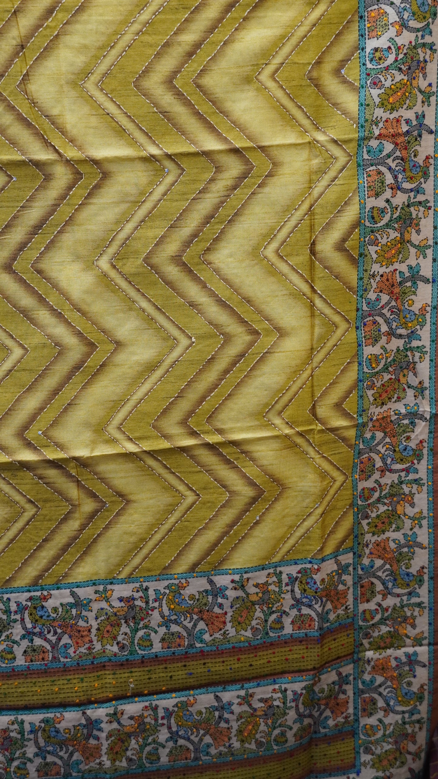 Semi Tussar Saree With French Knot & Kantha Work - Green