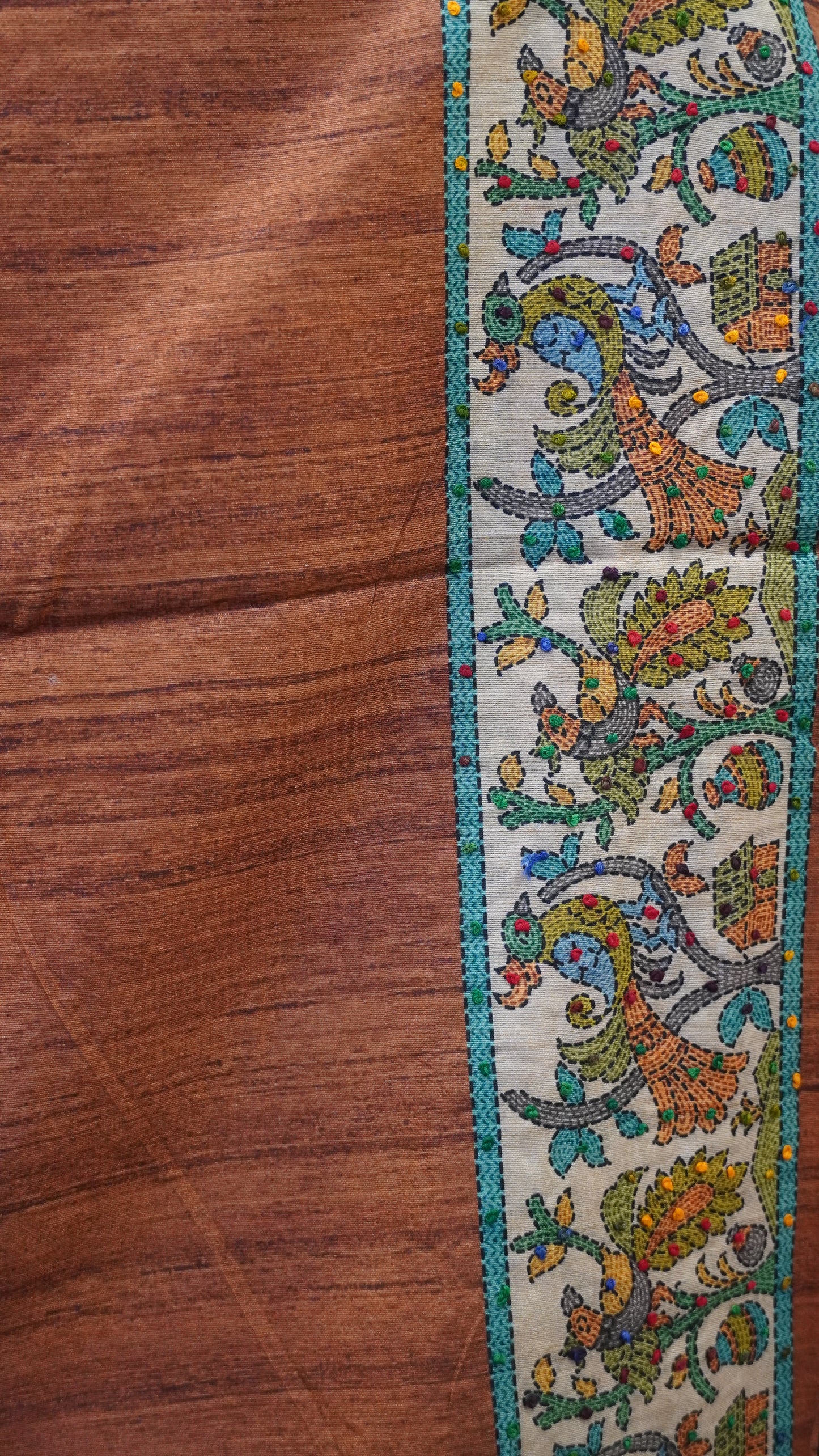 Semi Tussar Saree With French Knot & Kantha Work - Green