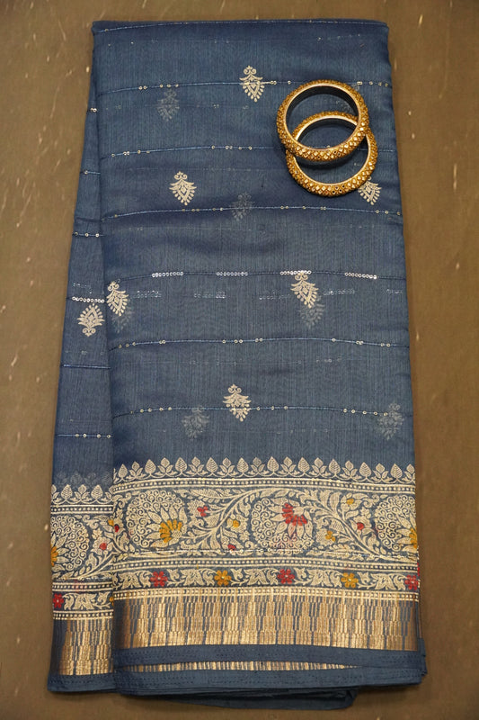 Semi Chanderi Saree - Peacock Blue