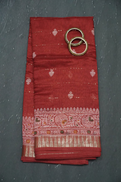 Semi Chanderi Saree - Maroon