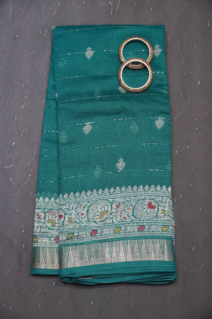 Semi Chanderi Saree - Peacock Green