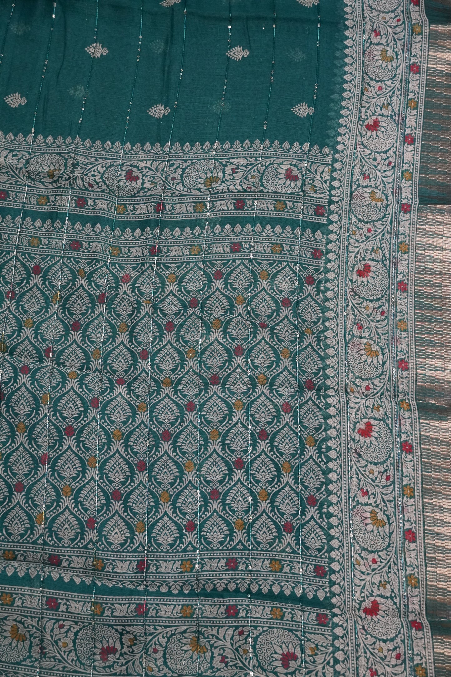 Semi Chanderi Saree - Peacock Green