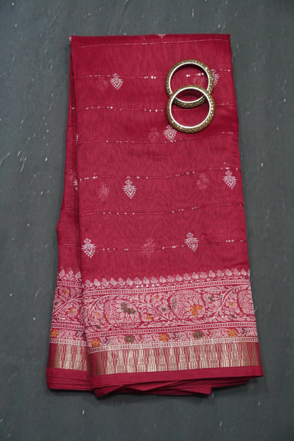 Semi Chanderi Saree - Dark Pink