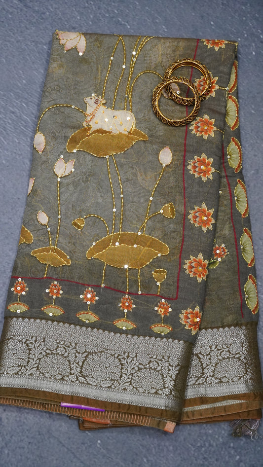 Pure Chanderi -Brown Lotus Chanderi Kantha Work