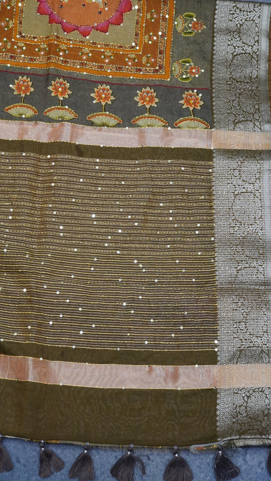 Pure Chanderi -Brown Lotus Chanderi Kantha Work