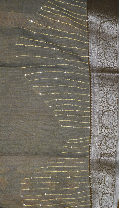 Pure Chanderi -Brown Lotus Chanderi Kantha Work