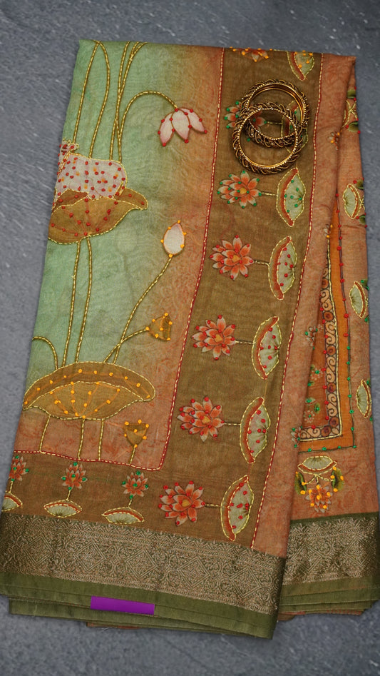 Pure Chanderi Saree -Pista Green Lotus  Chanderi Kantha Work