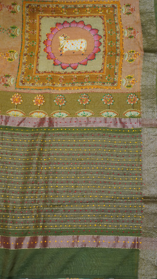Pure Chanderi Saree -Pista Green Lotus  Chanderi Kantha Work
