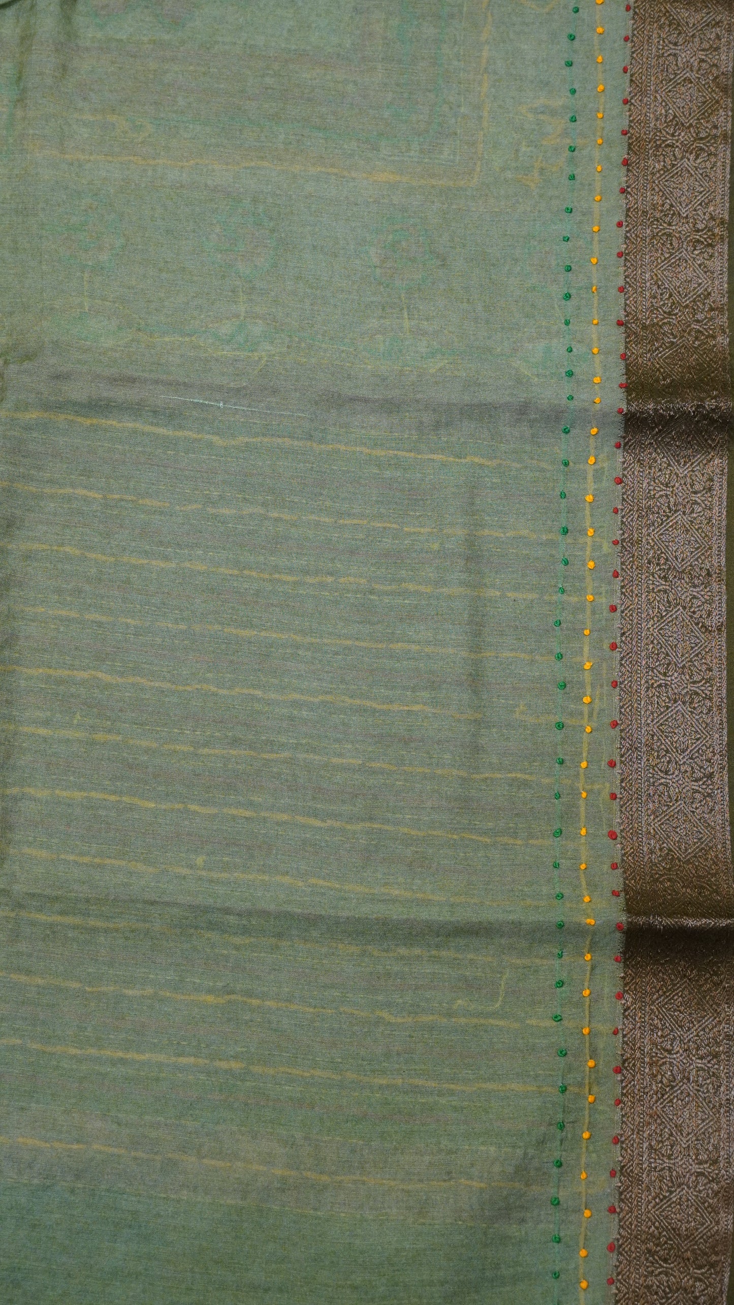 Pure Chanderi Saree -Pista Green Lotus  Chanderi Kantha Work