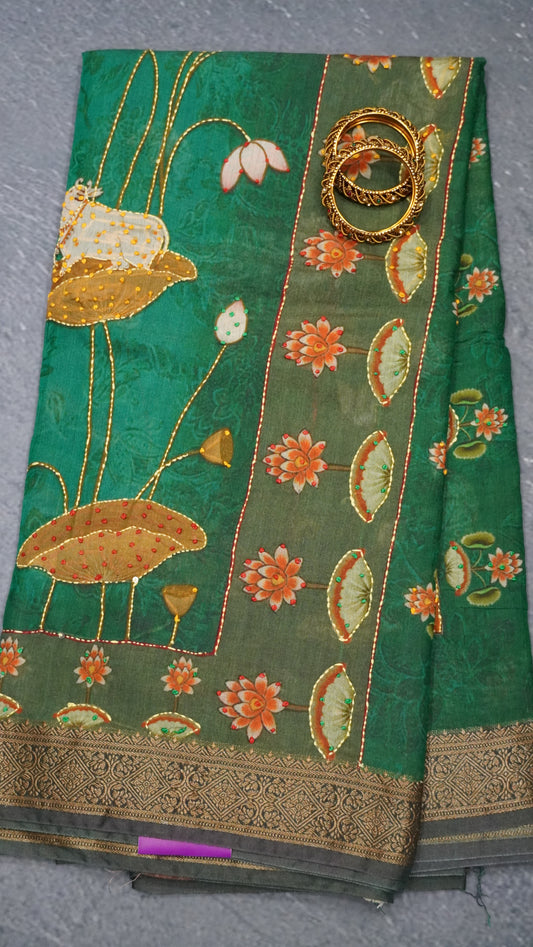 Pure Chanderi Saree -Dark Green Lotus Chanderi Kantha Work