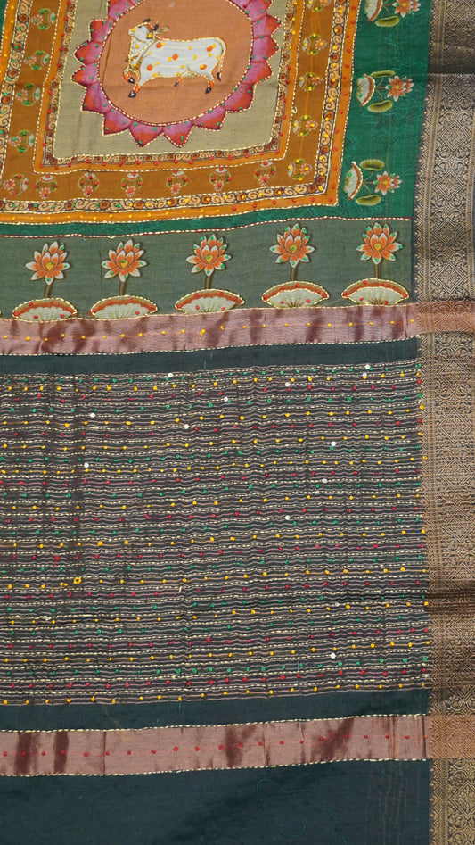 Pure Chanderi Saree -Dark Green Lotus Chanderi Kantha Work